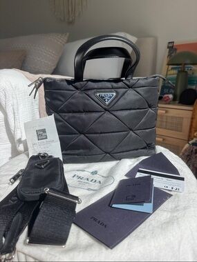 Prada Re-Edition Tessuto Quilted Nylon Top Handle Bag Black + Strap Rare